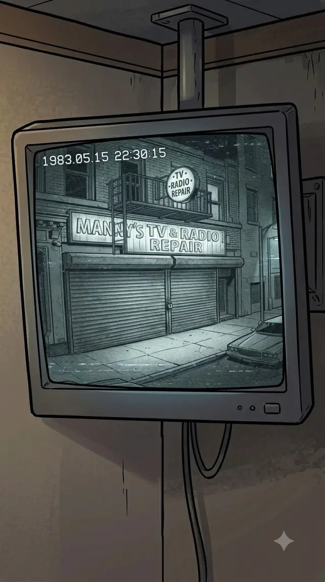 A CCTV monitor showing the shop's front gate