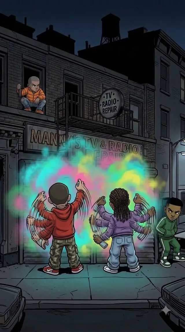 The crew painting a wall in a cloud of color